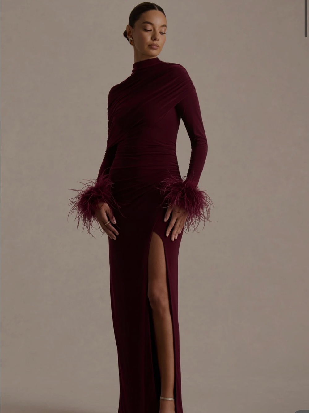 NWT Club L London GATSBY Burgundy High Neck Maxi Dress Feather Trim Cuffs Size10 - Picture 5 of 6